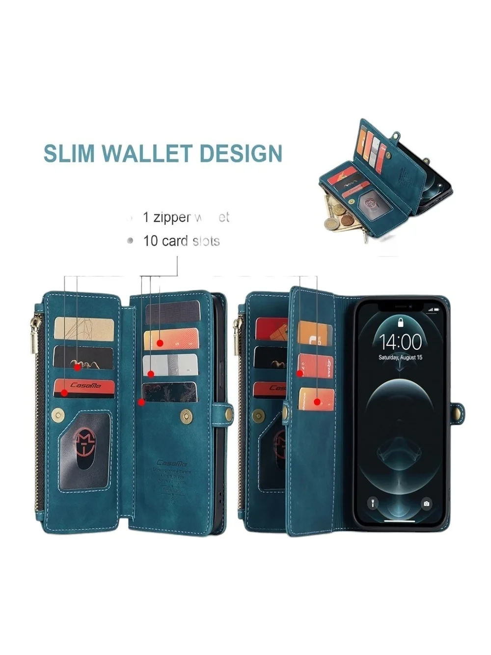 Premium Teal Wallet Phone Case with Wrist Strap - Magnetic Closure, Iphone 13